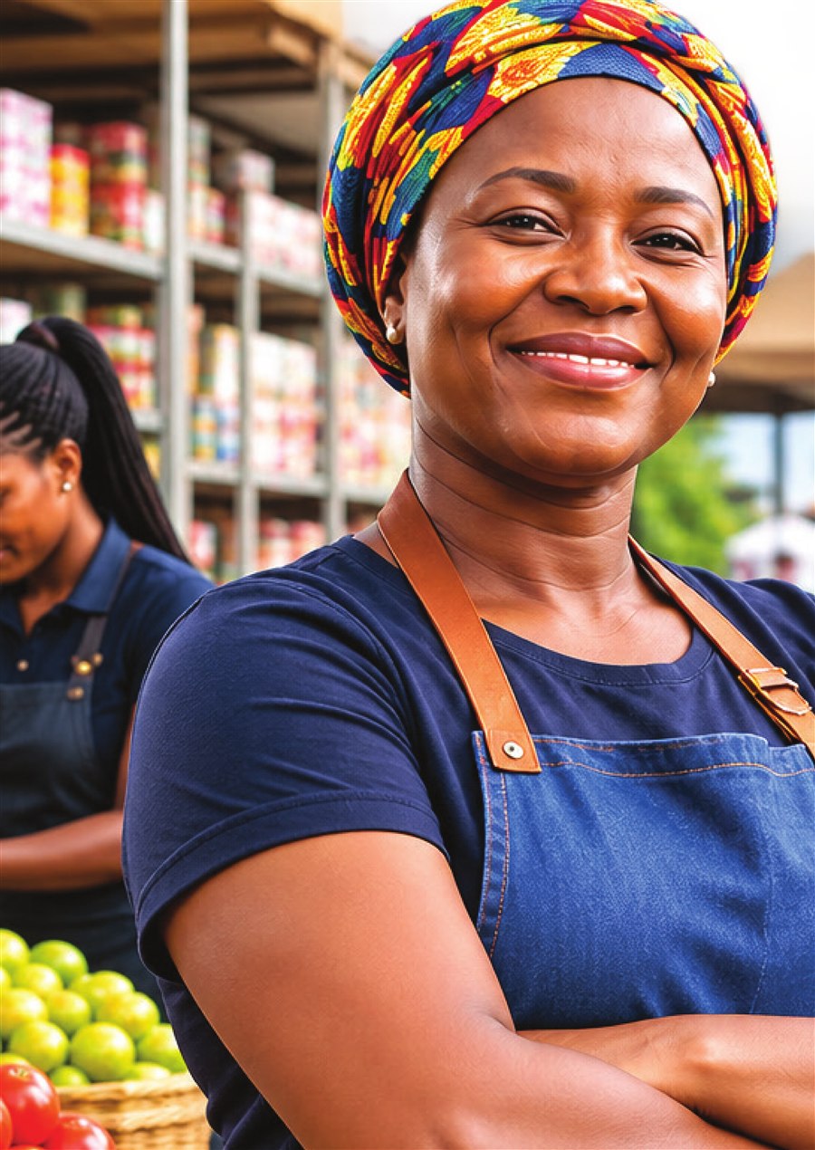 Smiling market trader and TCCU member standing confidently at her stall