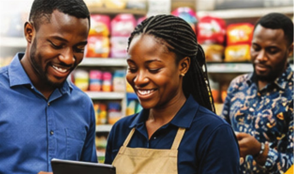 A TCCU team member reviewing a member's account together on a tablet in-store